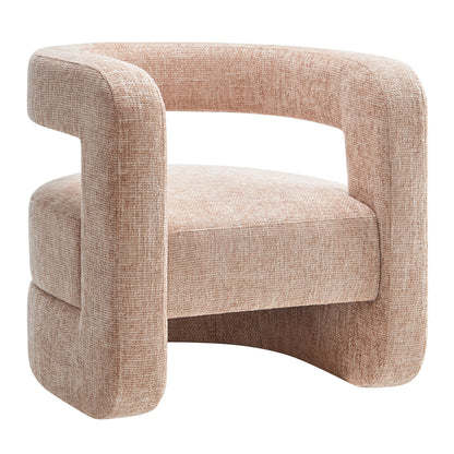 Brown chenille accent chair with curved wraparound arms and a single cushioned seat.