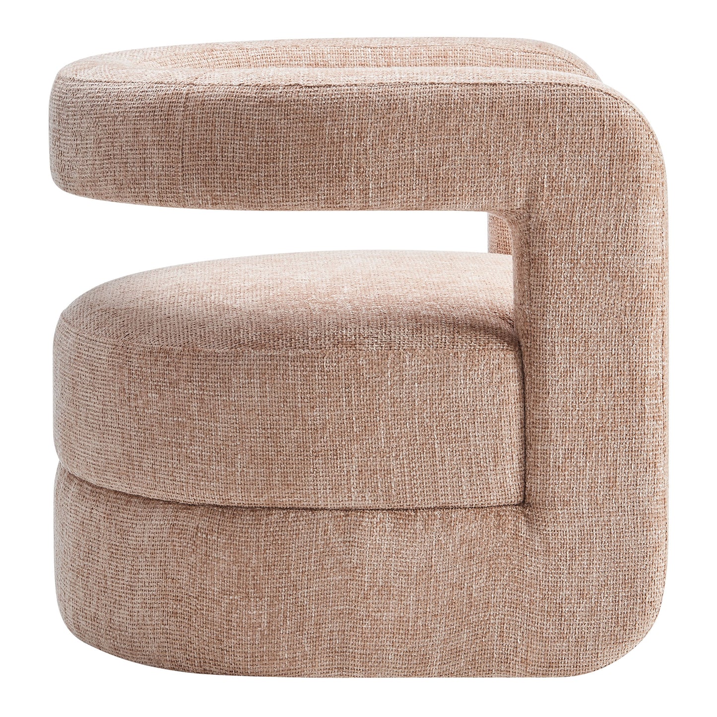 Beige boucle accent chair with built-in curved armrests and cushioned seat; modern contemporary style.