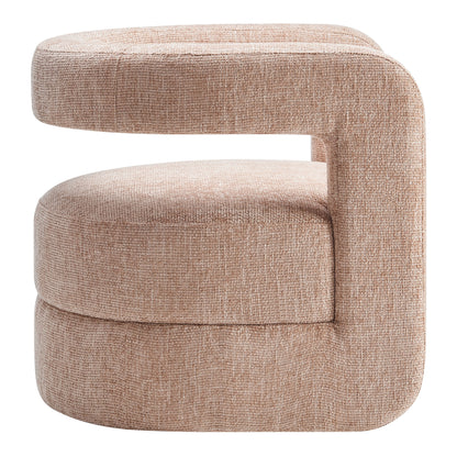 Beige boucle accent chair with built-in curved armrests and cushioned seat; modern contemporary style.