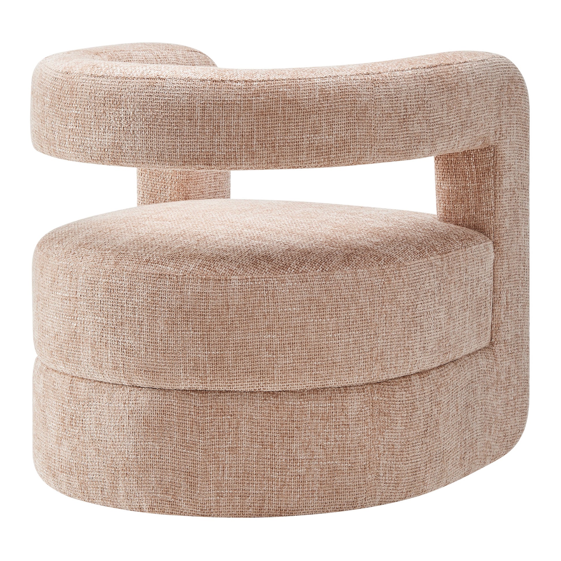 Brown chenille wraparound accent chair with round cushion and curved back and arms.