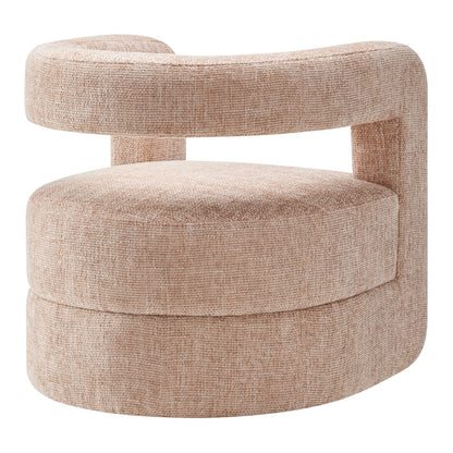 Brown chenille wraparound accent chair with round cushion and curved back and arms.