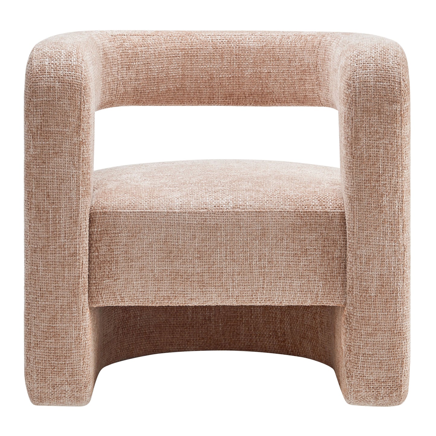 Brown chenille upholstered accent chair with chunky curved arms and open midsection.