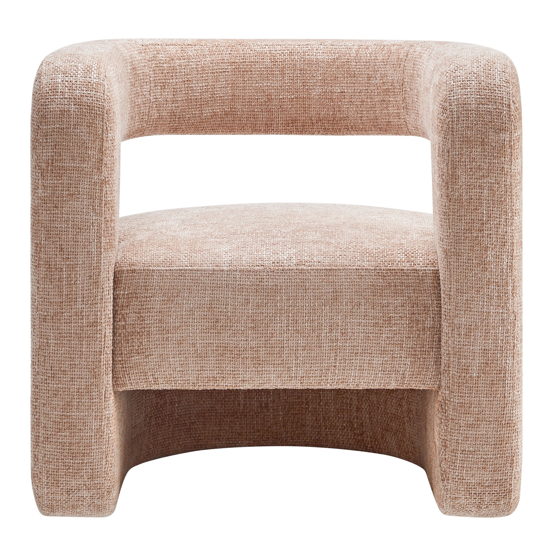 Brown chenille upholstered accent chair with chunky curved arms and open midsection.