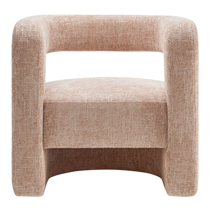 Brown chenille upholstered accent chair with chunky curved arms and open midsection.