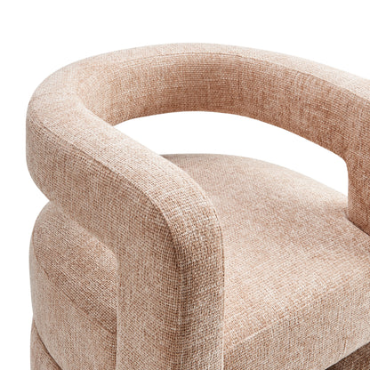 Beige chenille upholstered accent chair with rounded wraparound arms, textured fabric, modern seating.