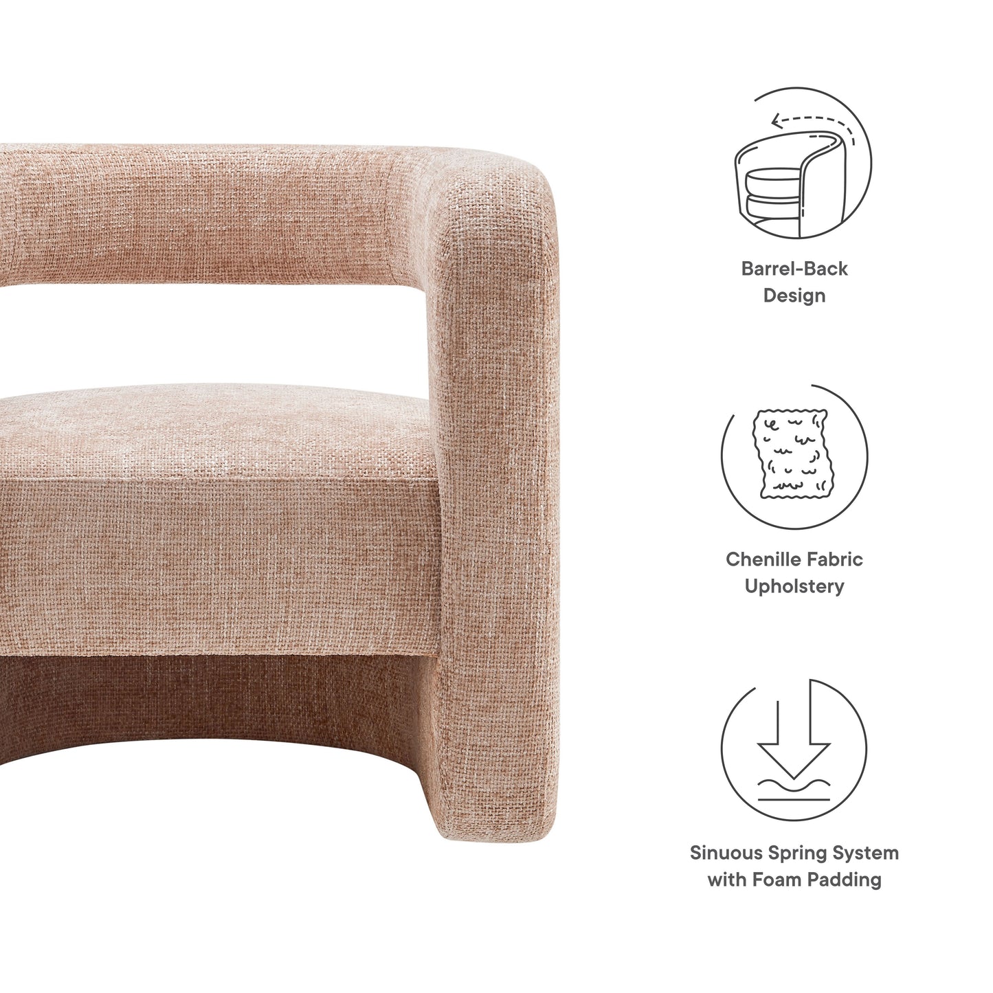 Brown chenille upholstered barrel-back accent chair with curved arms, foam padding and a sinuous spring system.