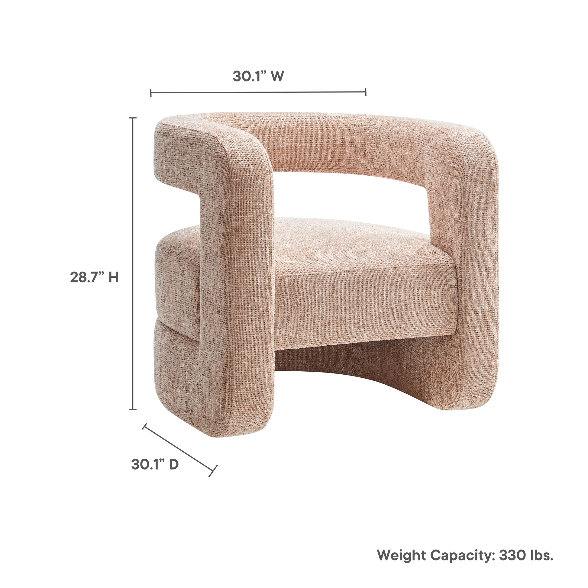 Brown chenille accent chair with curved arms and a single seat cushion; modern style, 30.1"W x 28.7"H x 30.1"D.