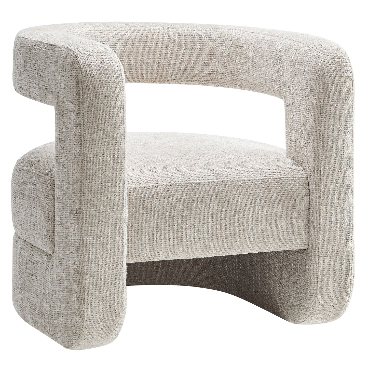 Gray chenille upholstered accent chair with curved arms, a padded seat, and a rounded tubular frame.