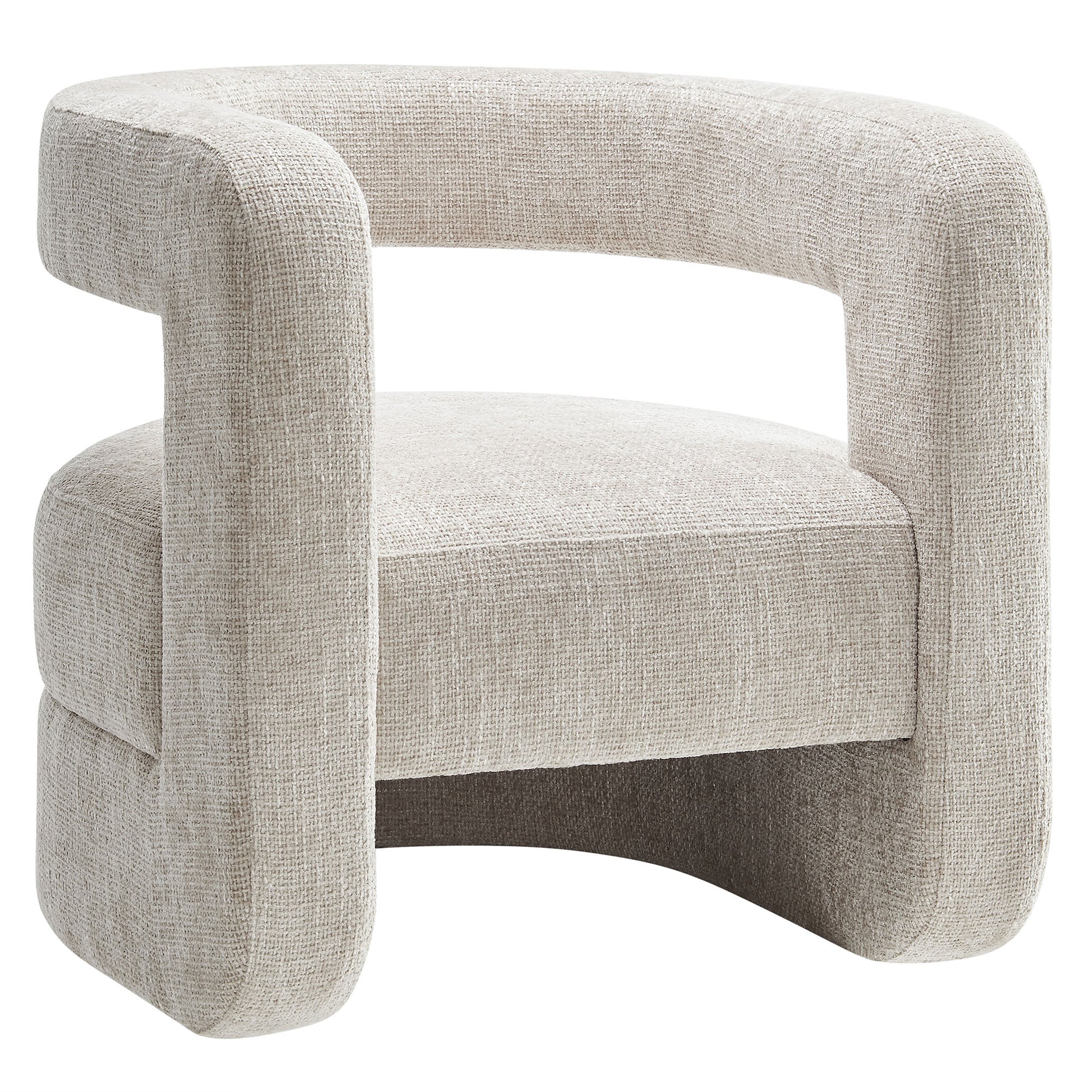 Gray chenille upholstered accent chair with curved arms, a padded seat, and a rounded tubular frame.