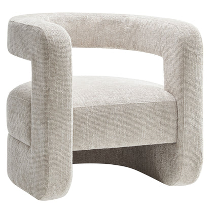 Gray chenille upholstered accent chair with curved arms, a padded seat, and a rounded tubular frame.