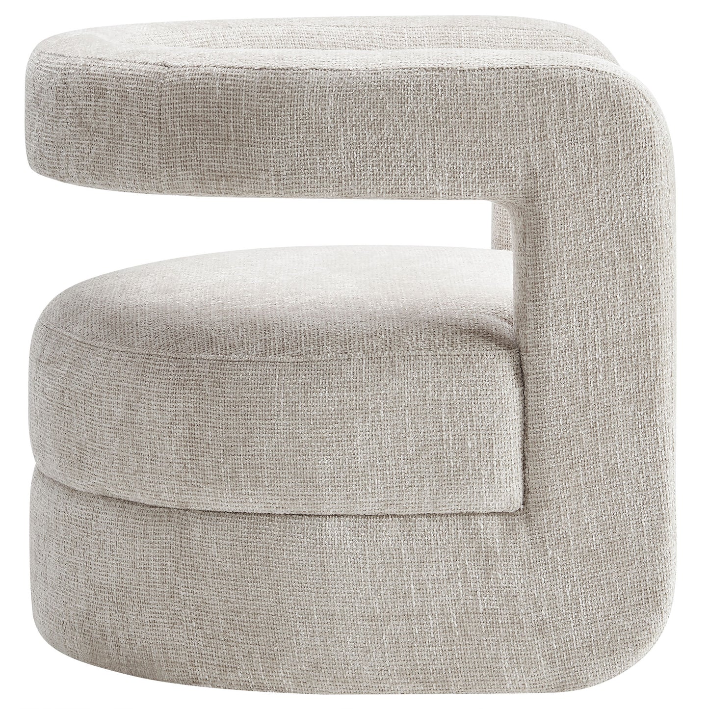 Gray chenille curved accent chair with a circular open-arm frame and a cushioned seat.