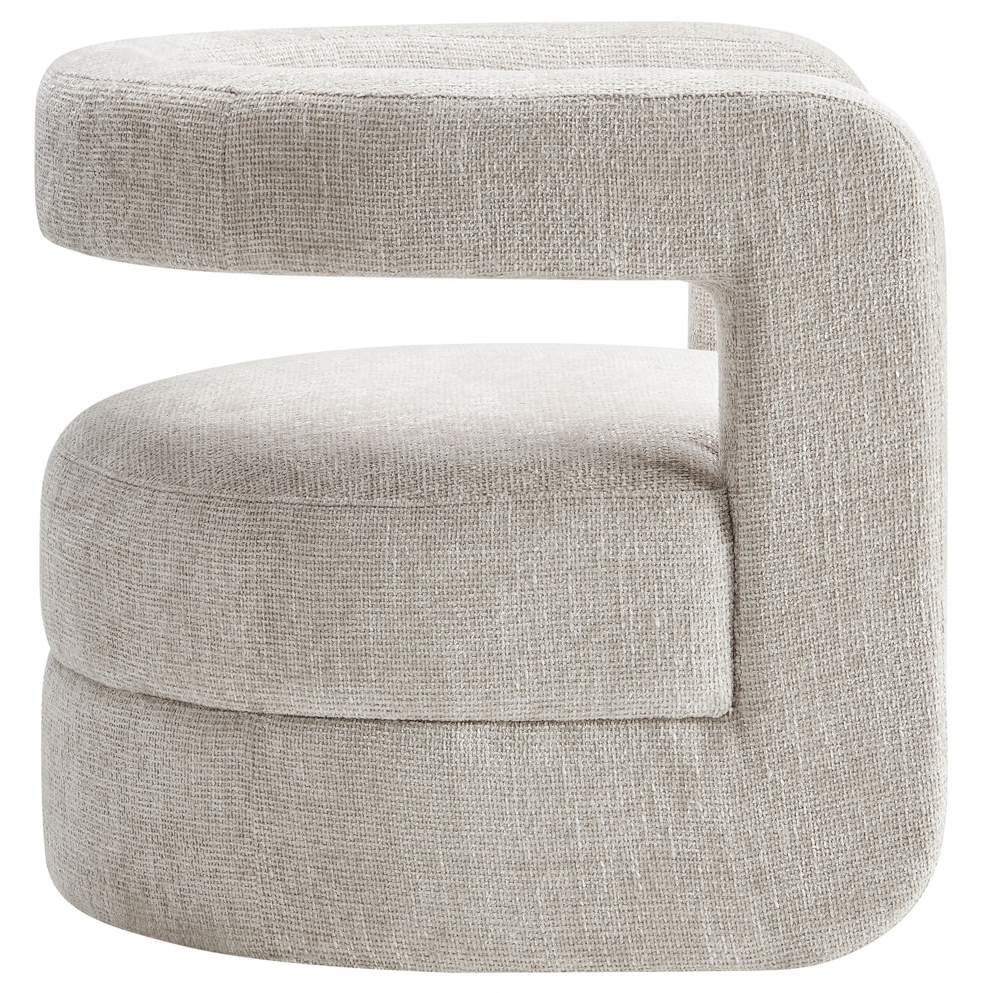 Gray chenille curved accent chair with a circular open-arm frame and a cushioned seat.