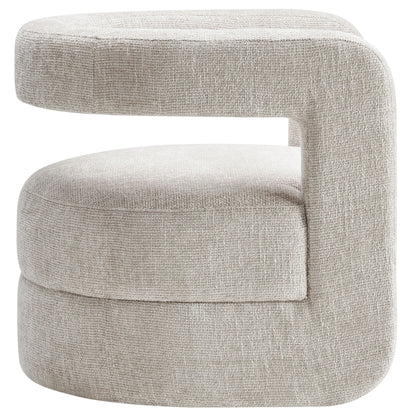 Gray chenille curved accent chair with a circular open-arm frame and a cushioned seat.