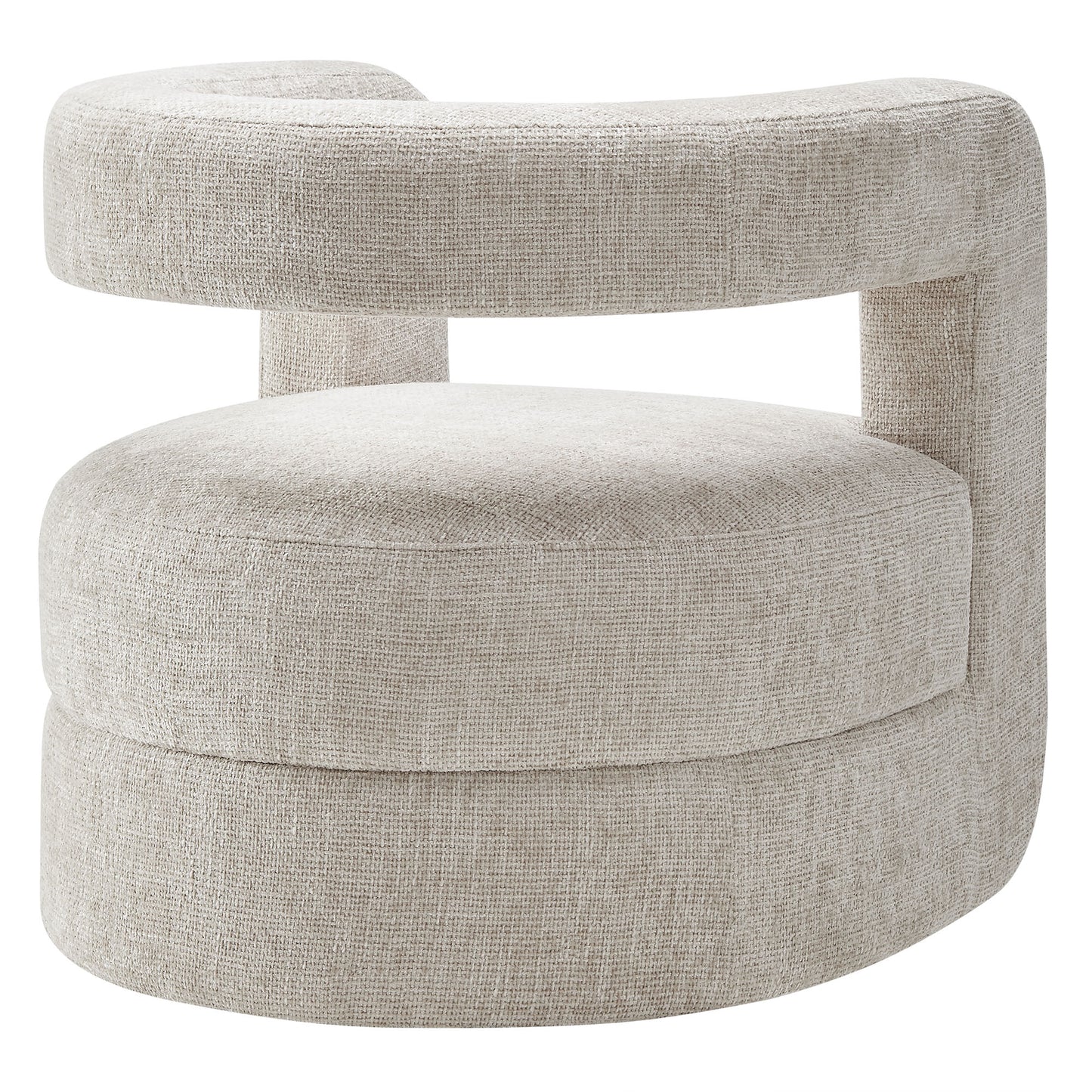 Gray chenille accent chair with wraparound armrests and a curved silhouette.