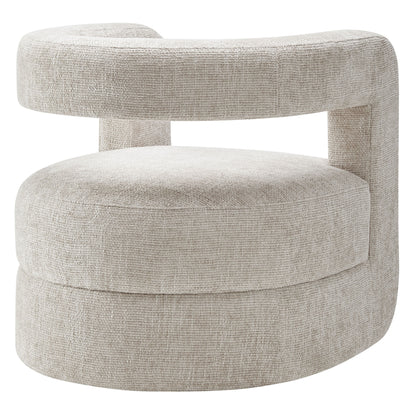 Gray chenille accent chair with wraparound armrests and a curved silhouette.