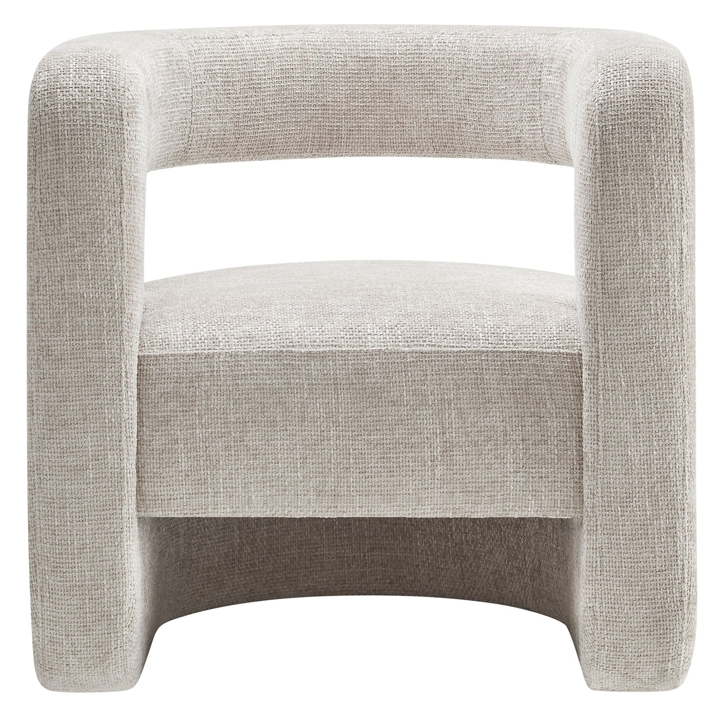 Gray chenille upholstered rounded barrel accent chair with wraparound curved arms.