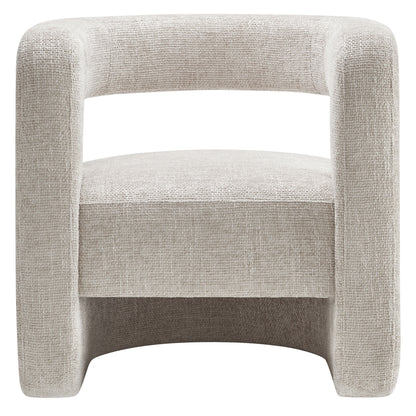 Gray chenille upholstered rounded barrel accent chair with wraparound curved arms.