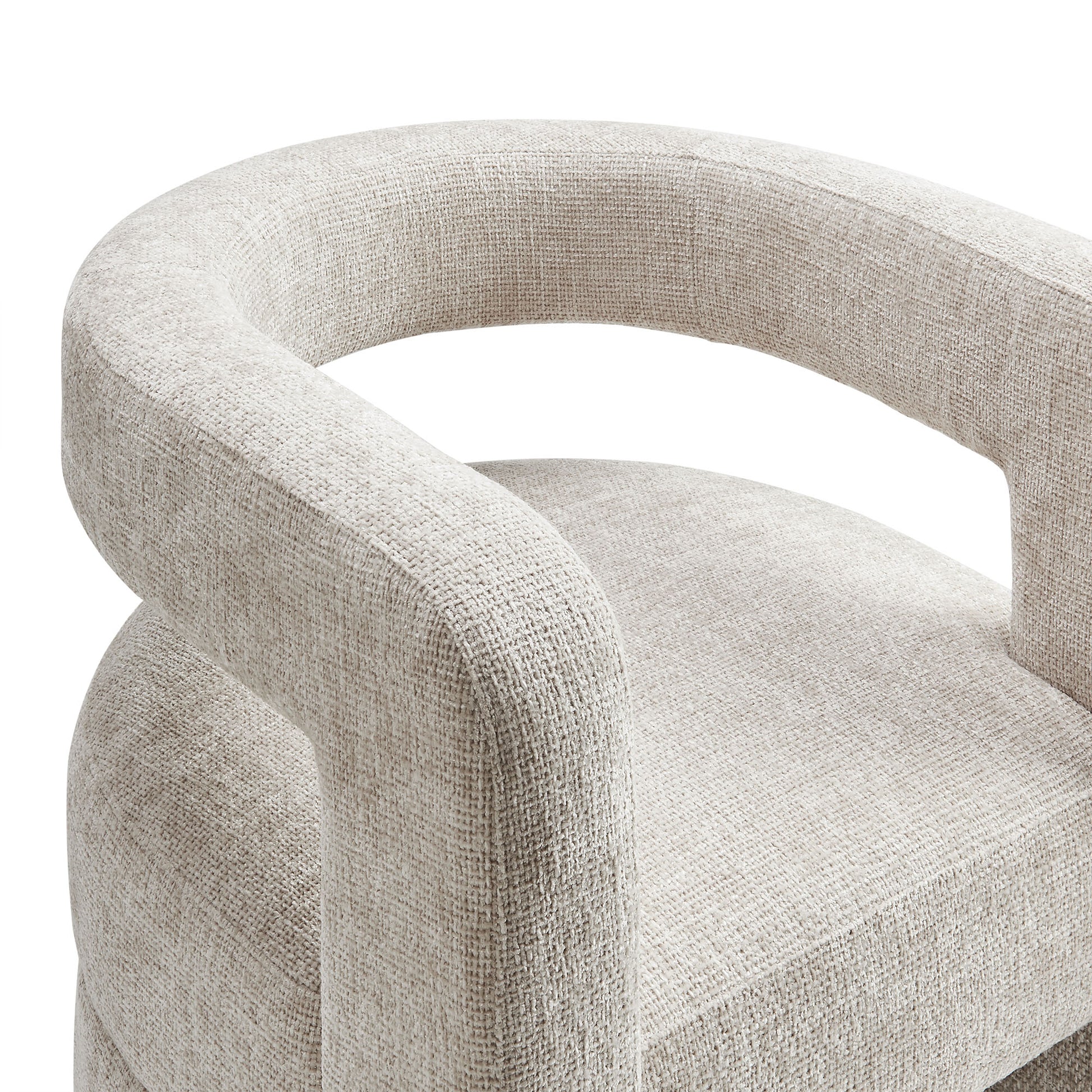 Gray chenille upholstered accent chair with rounded loop arms and cushioned seat in a mid-century style.