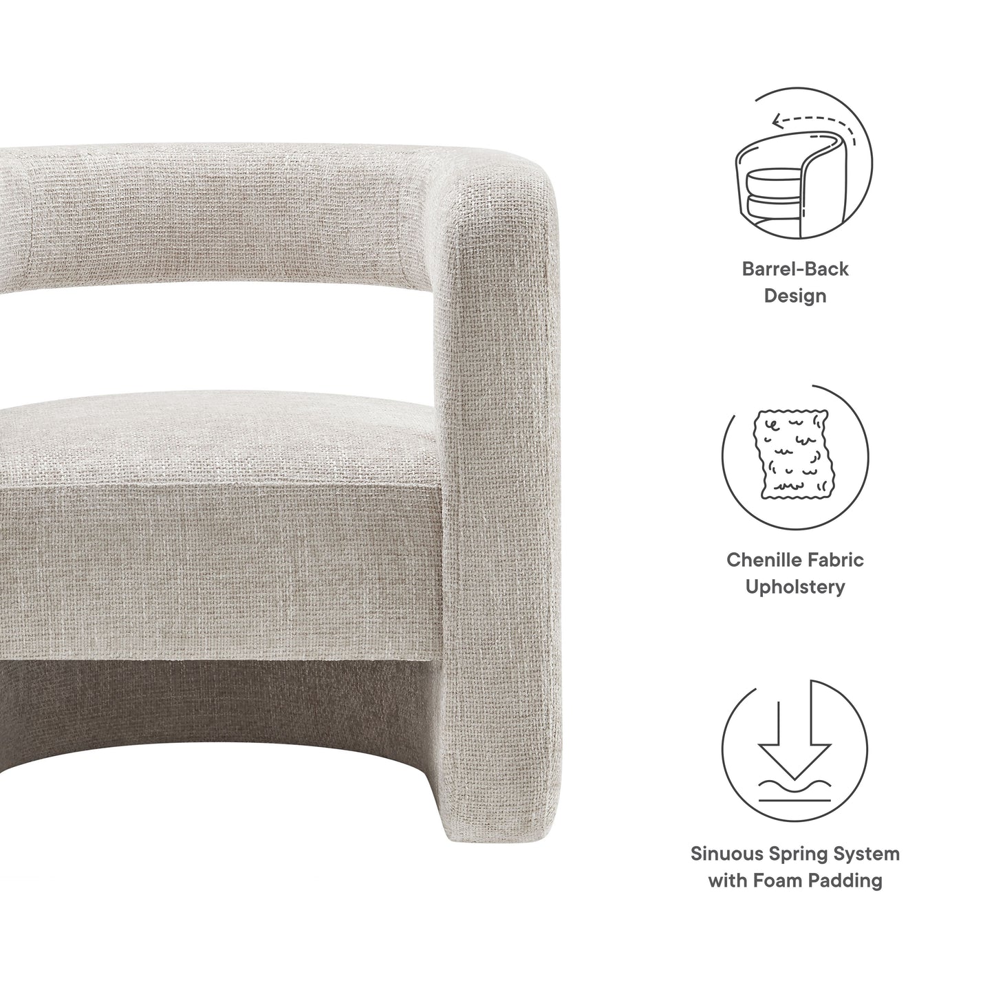 Gray curved-barrel back accent chair in chenille upholstery with foam padding and sinuous spring system.
