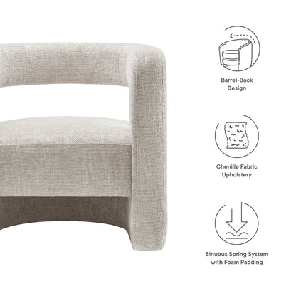Gray curved-barrel back accent chair in chenille upholstery with foam padding and sinuous spring system.
