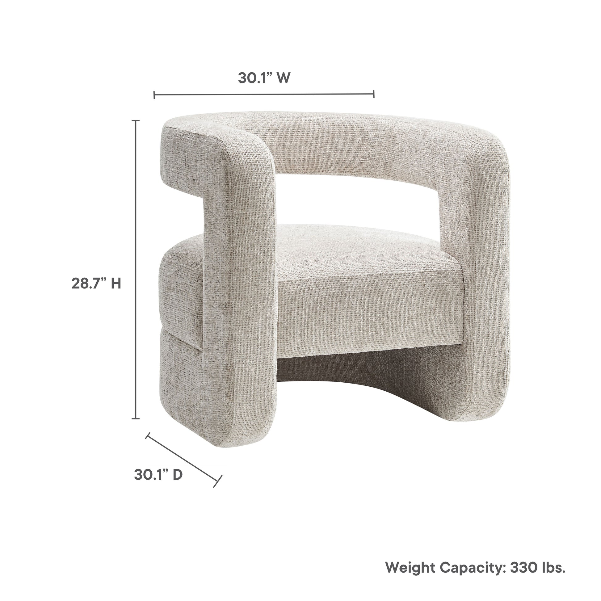 Gray upholstered accent chair with oversized curved tubular arms and cushioned seat; chenille fabric, modern compact design.
