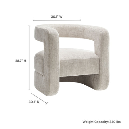Gray upholstered accent chair with oversized curved tubular arms and cushioned seat; chenille fabric, modern compact design.