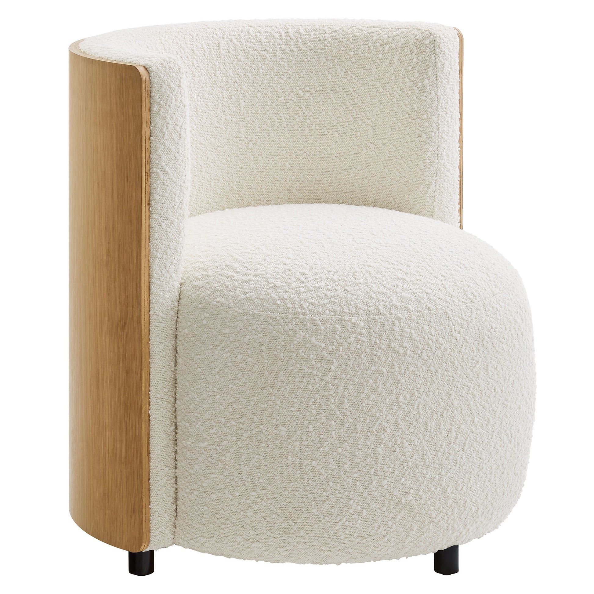 Cream boucle curved armchair with natural wood side panel and short black legs.