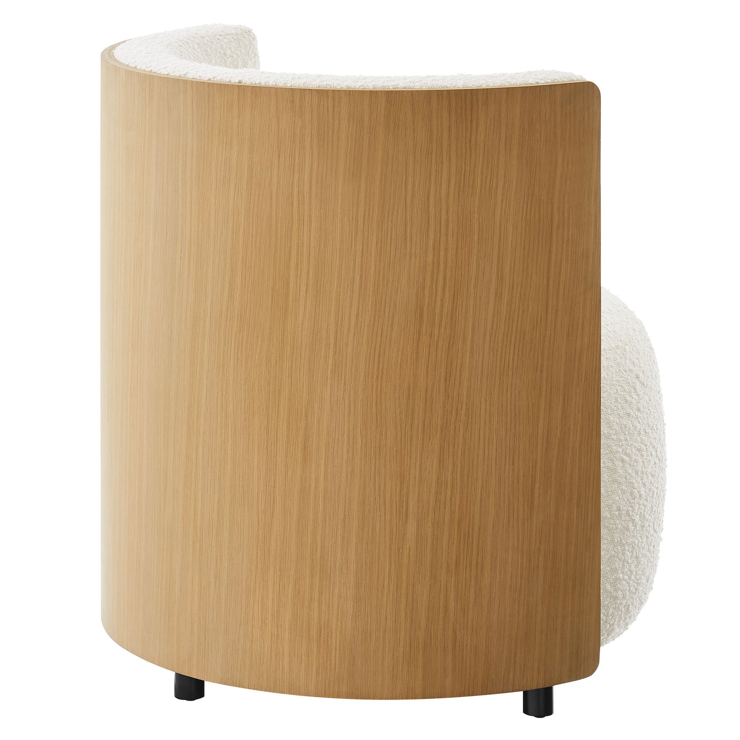 Natural wood curved shell with ivory boucle upholstery on a compact accent chair.