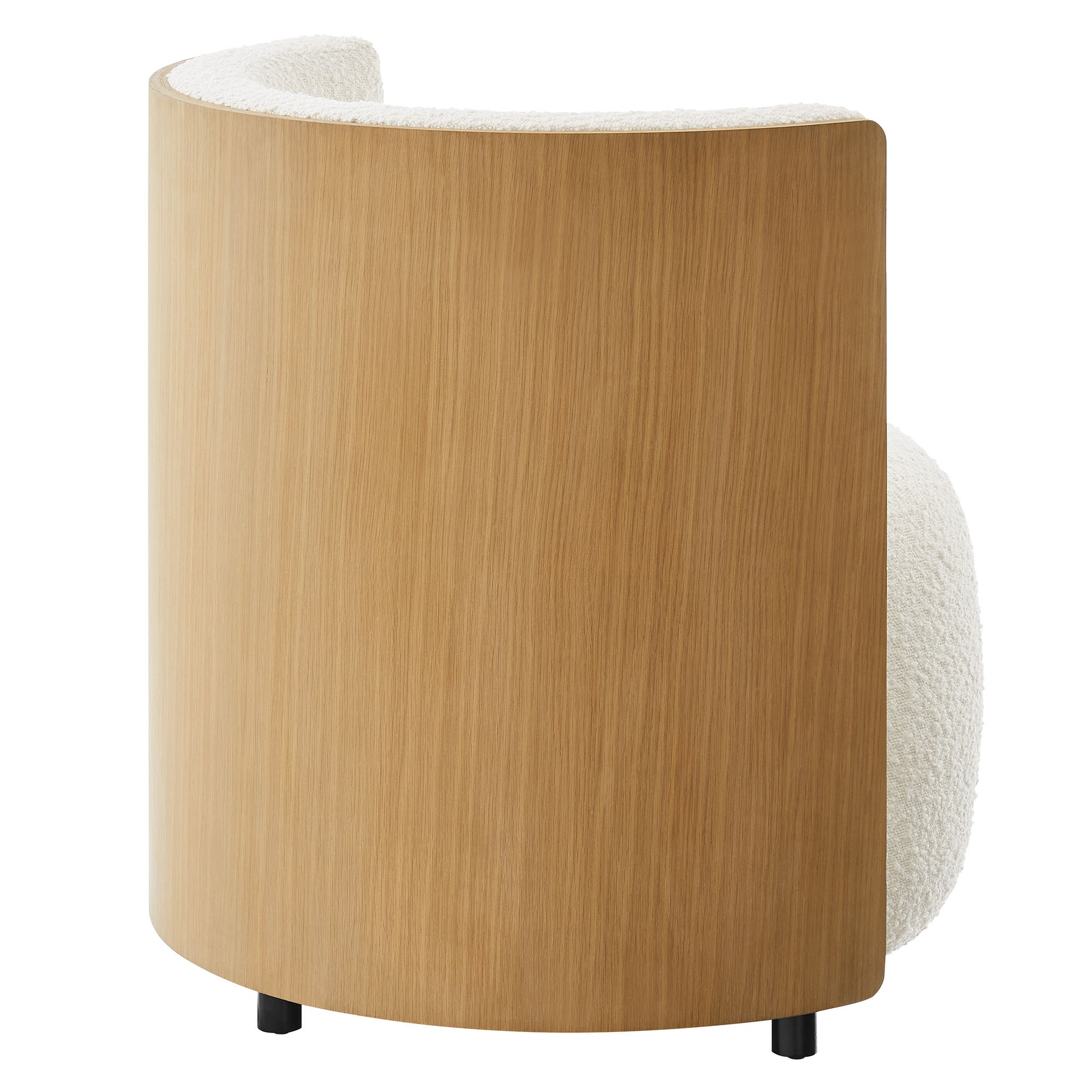 Natural wood curved shell with ivory boucle upholstery on a compact accent chair.