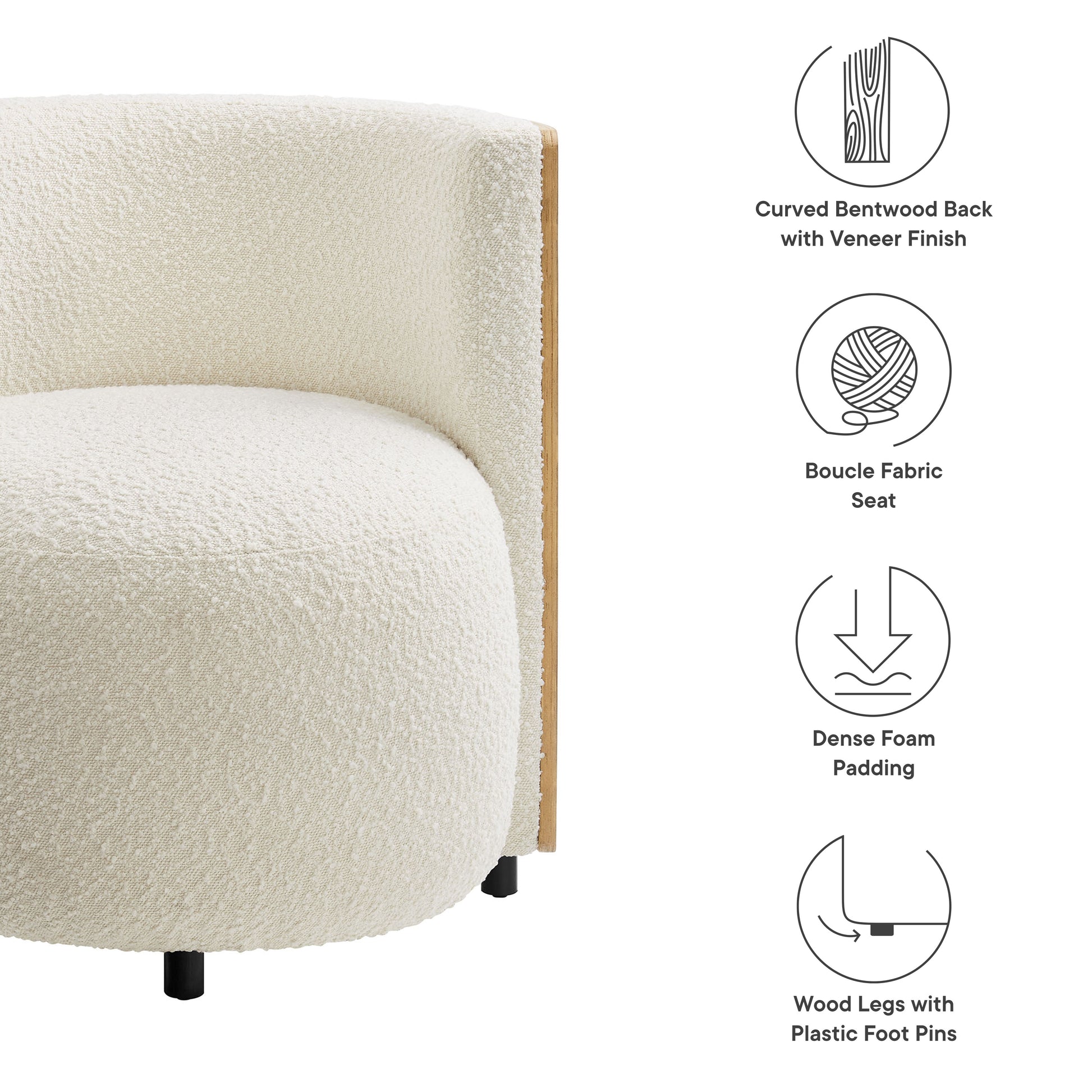 Cream boucle fabric curved-back chair with veneer-bentwood back, dense foam padding, and wood legs with plastic feet.