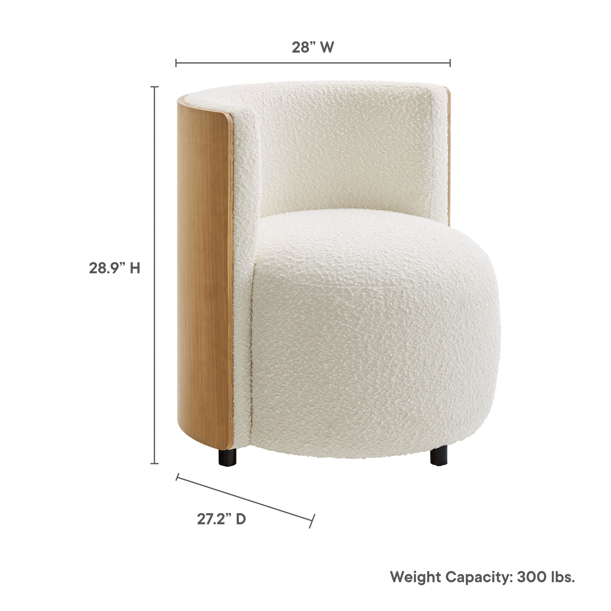 Cream boucle upholstered curved barrel chair with natural wood side panel, compact accent seating.