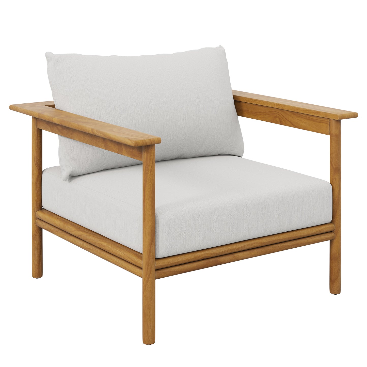 Outdoor teak wood furniture set with pale beige cushions; clean lines, square arms, mid-century modern style; 4-piece patio sofa/sectional set.