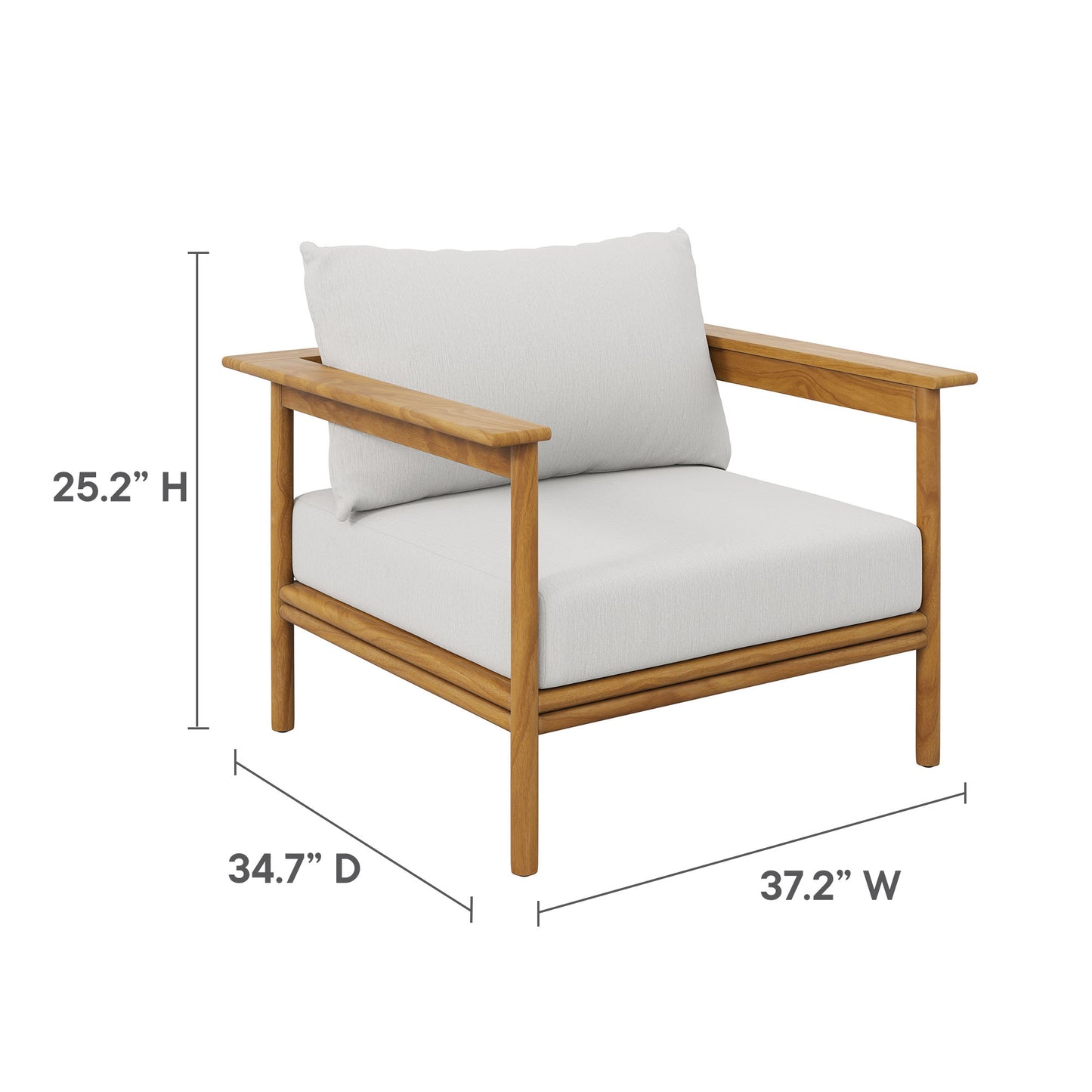 Outdoor teak wood furniture set with white cushions; 4-piece sectional/sofa arrangement; natural teak frames; 37.2W x 34.7D x 25.2H