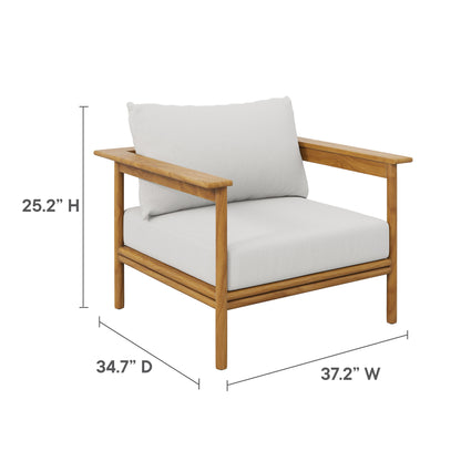 Outdoor teak wood furniture set with white cushions; 4-piece sectional/sofa arrangement; natural teak frames; 37.2W x 34.7D x 25.2H