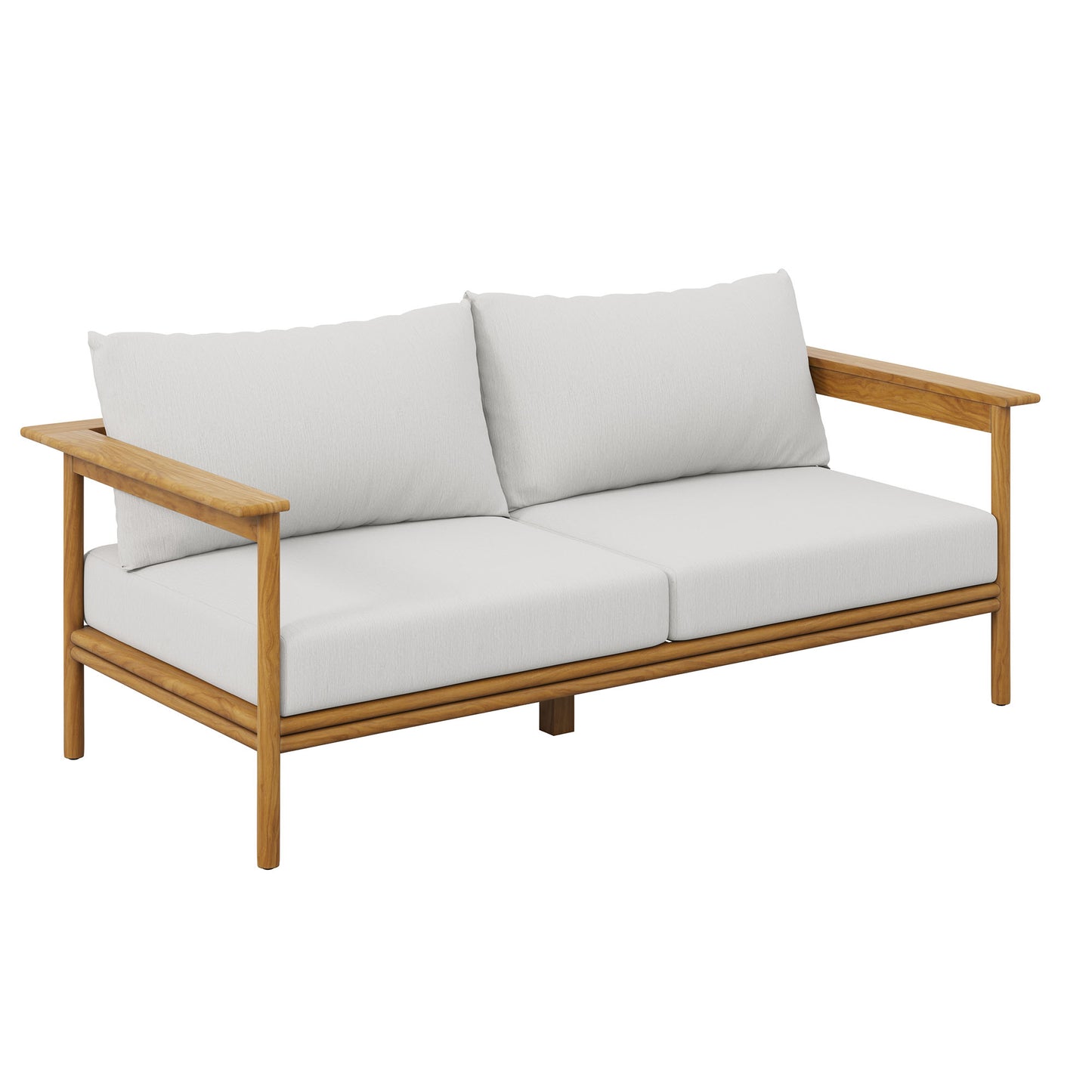 Outdoor teak wood 4-piece patio furniture set with light gray cushions.