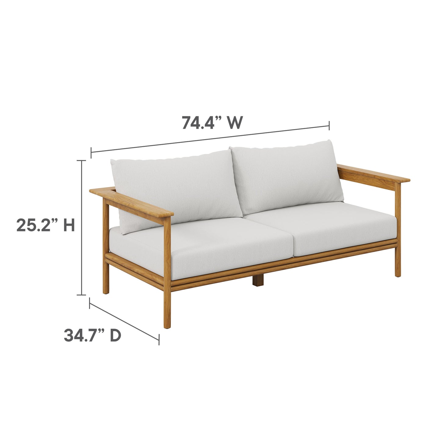 Teak wood outdoor sofa with white cushions, part of a 4-piece outdoor furniture set; 74.4" W x 25.2" H x 34.7" D.