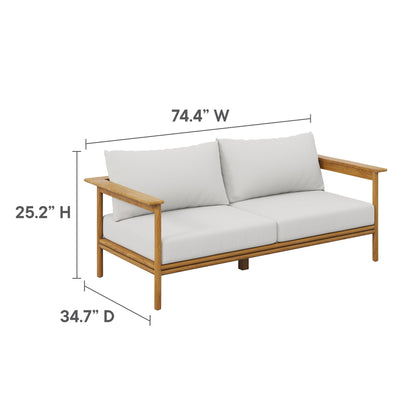 Teak wood outdoor sofa with white cushions, part of a 4-piece outdoor furniture set; 74.4" W x 25.2" H x 34.7" D.