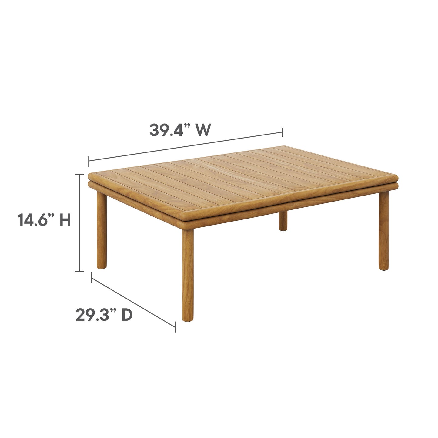 Natural wood coffee table with slatted top, rounded edges, four legs; 39.4 W x 29.3 D x 14.6 H.