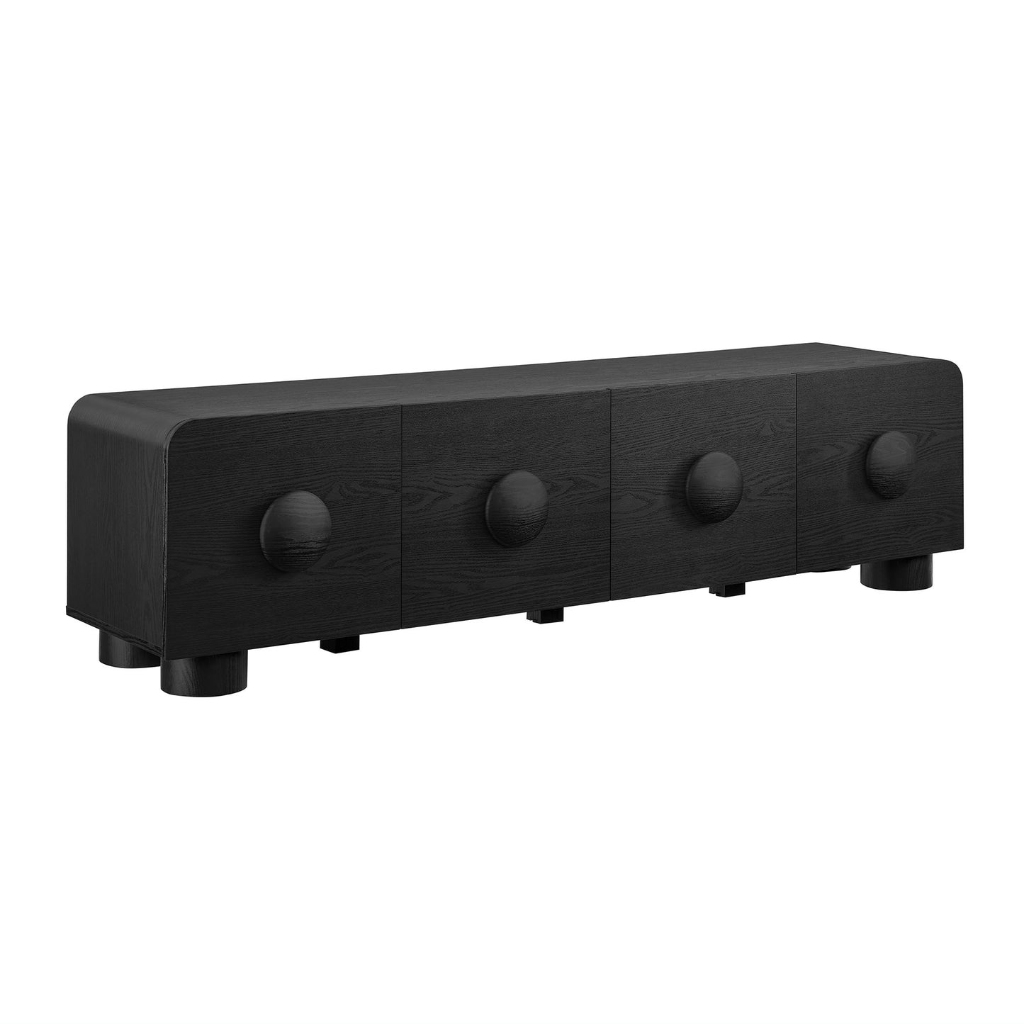 Long black wooden TV stand with four drawers, rounded knobs, low-profile, modern.