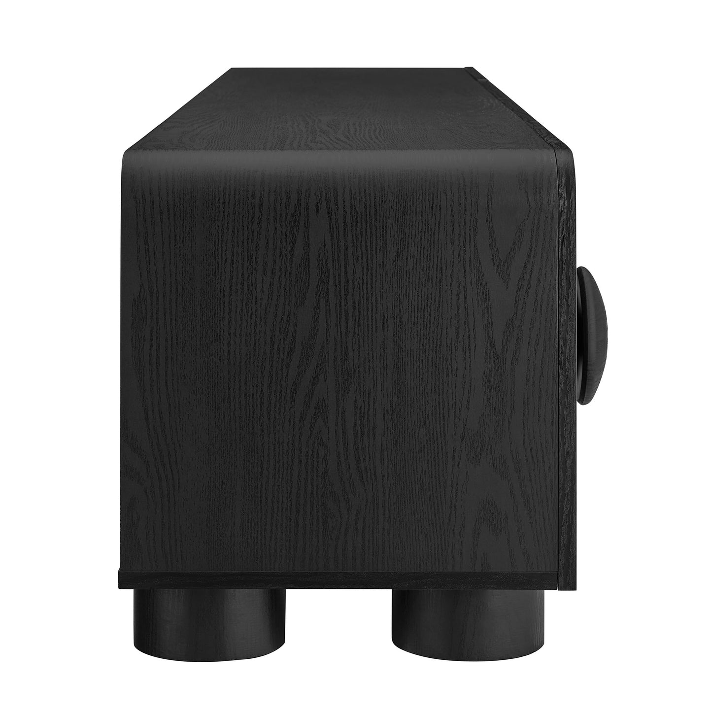 Black wood-grain low-profile TV stand.