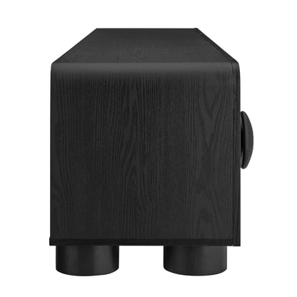 Black wood-grain low-profile TV stand.