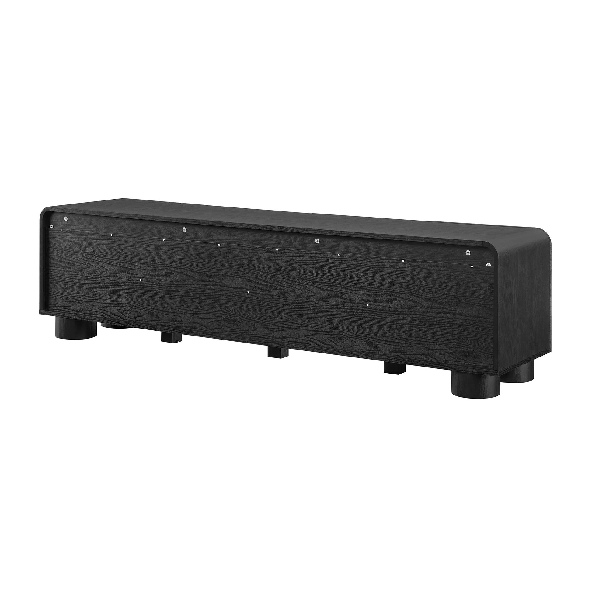 69-inch long black wood-grain low-profile TV stand with rounded ends and short feet; suitable for TVs and media components.