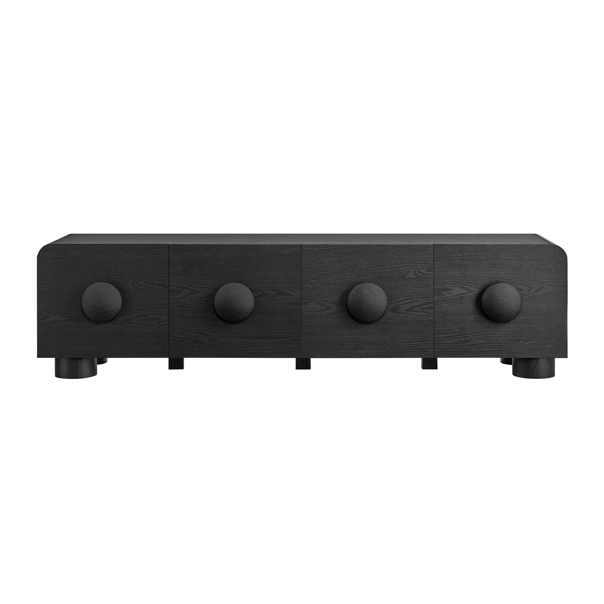Black woodgrain 4-drawer console/sideboard with round knobs, low-profile mid-century modern style.