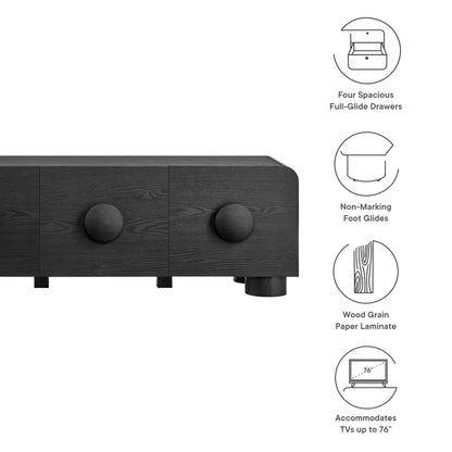 Low-profile black wood-grain laminate TV stand with four full-glide drawers and round knobs.