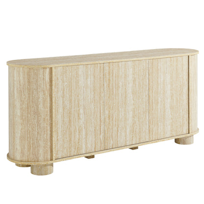 Sideboard with three vertical-panel doors, rounded corners, short round feet, and an oval faux travertine finish.