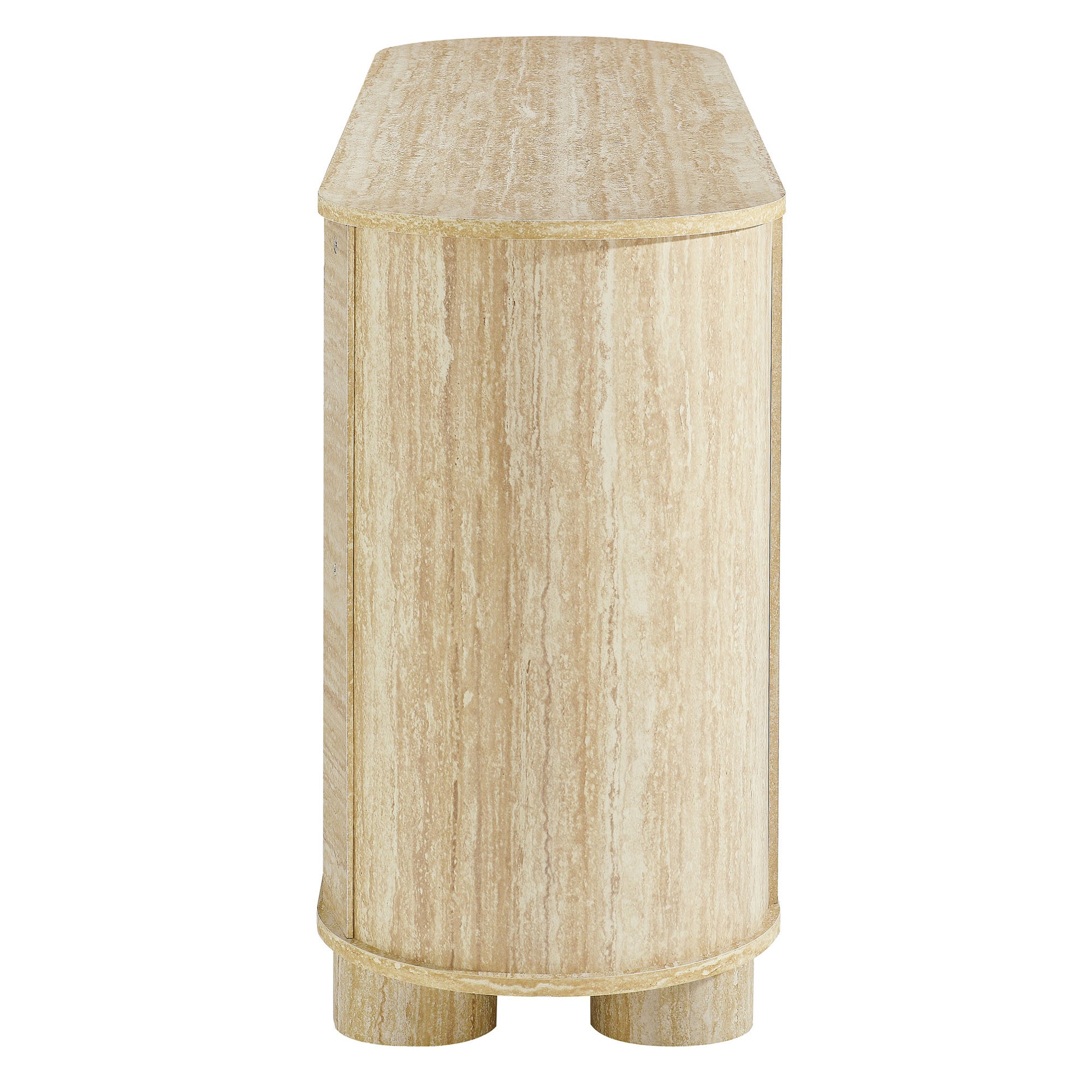 Brown oval faux travertine sideboard.