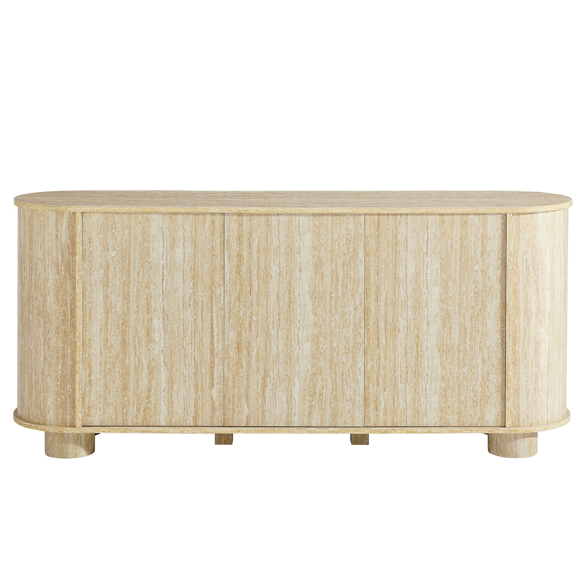 Brown oval faux travertine sideboard with three cabinet doors, low profile, short block legs.