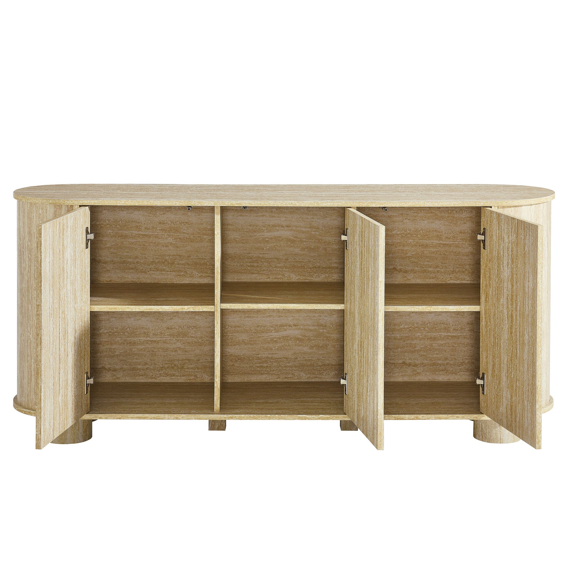 Light oak wood sideboard with three sections, six interior cubby shelves and hinged doors.