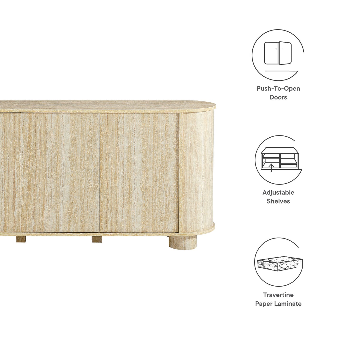 Brown wood veneer sideboard with oval ends, push-to-open doors, adjustable shelves, travertine paper laminate top