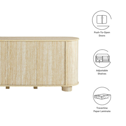 Brown wood veneer sideboard with oval ends, push-to-open doors, adjustable shelves, travertine paper laminate top